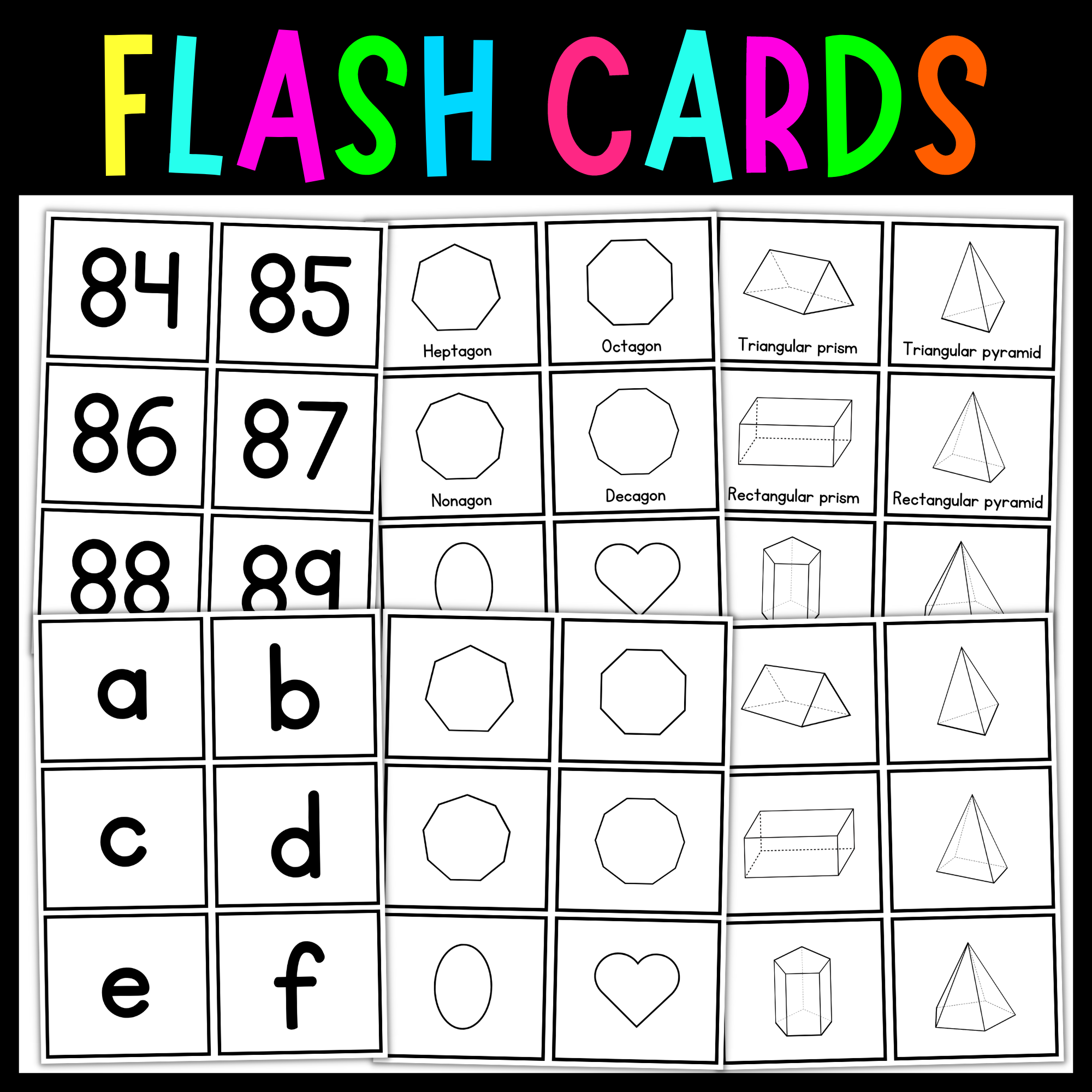 Flash Cards Bundle | Numbers, Alphabet, 2D & 3D Shapes, Colors (color & BW)  - Made By Teachers