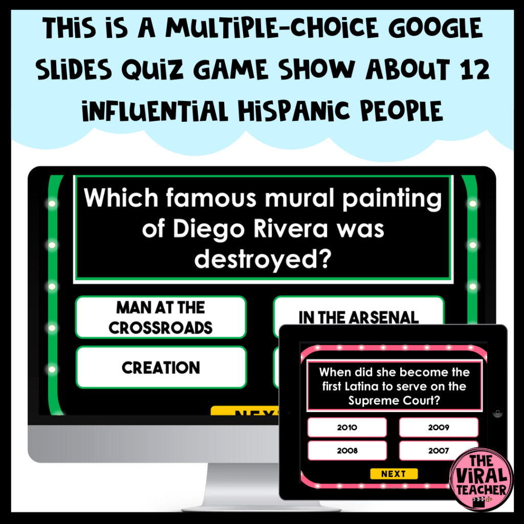 Hispanic Heritage Month Mutiple Choice Quiz Game Show for Google Slides™ Made By Teachers