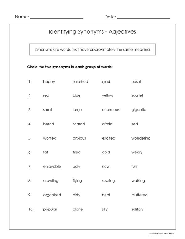 Synonyms Adjectives, Verbs, Nouns, Adverbs 9 worksheets Grades 45 Made By Teachers