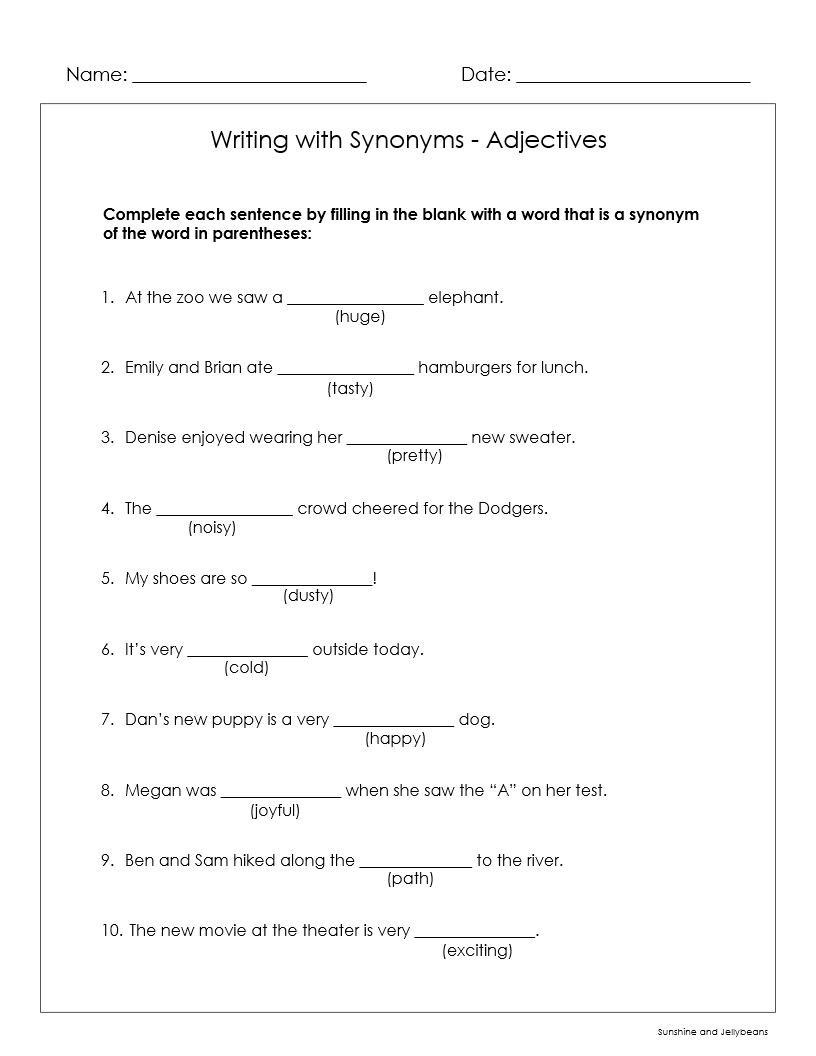 Synonyms Adjectives, Verbs, Nouns, Adverbs 9 worksheets Grades 4