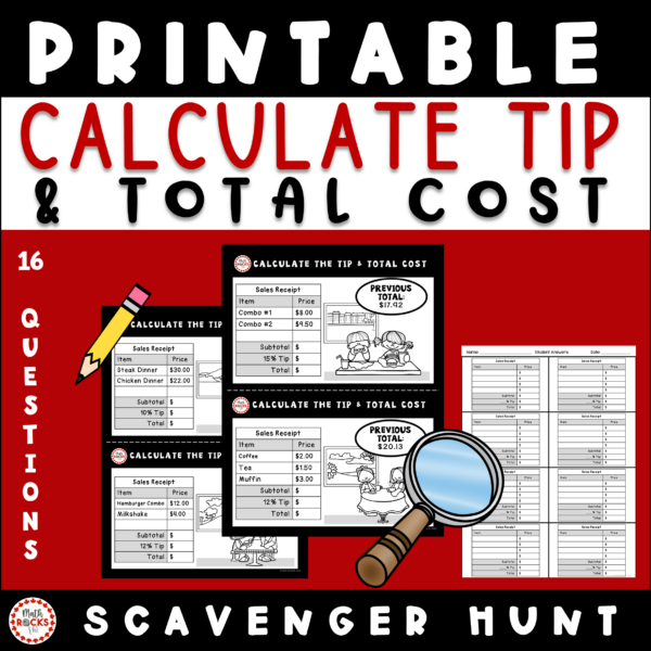 Calculate Tip and Total Cost Scavenger Hunt Printable Math Activity ...