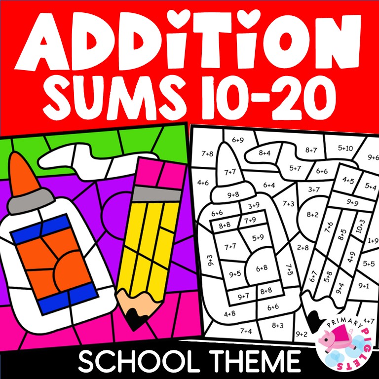 Back to School Color by Number Addition Facts Sums 10 to 20