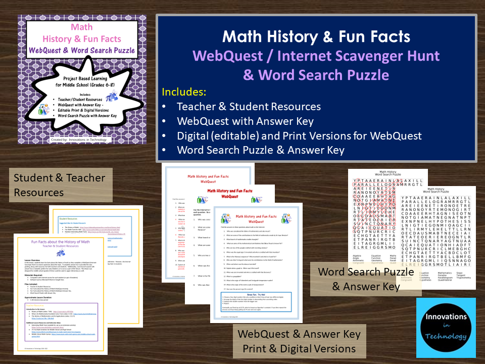 Math History and Fun Facts Quest & Word Search Puzzle Made By
