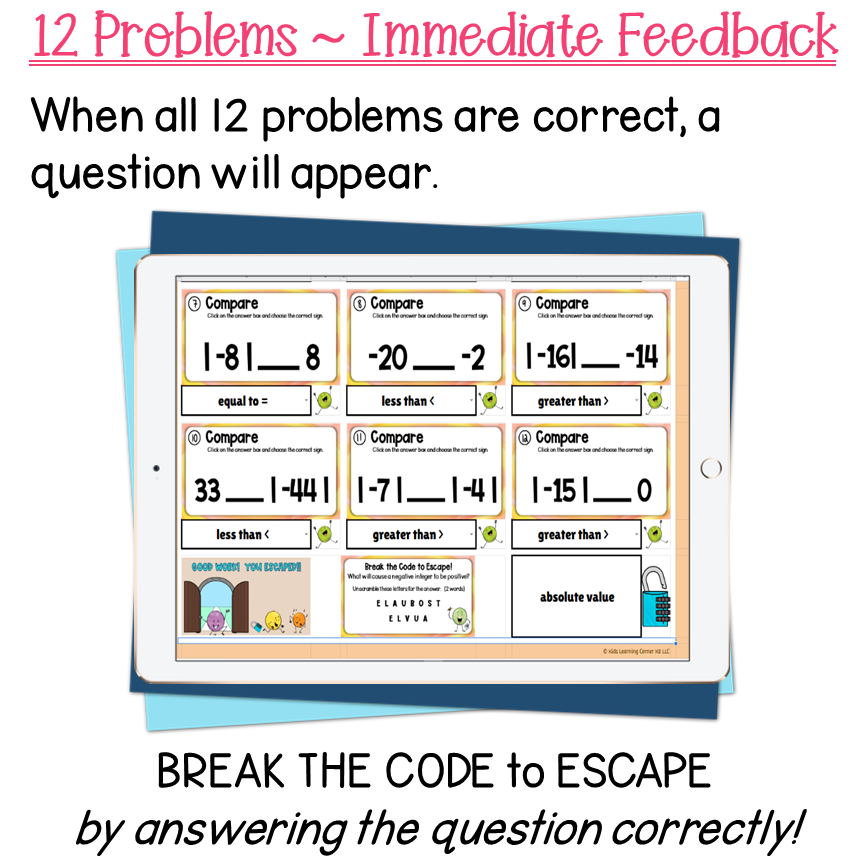 Comparing Integers Game Digital Escape & SelfChecking Activity Made By Teachers