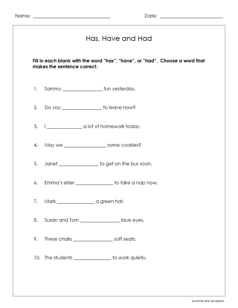 Verbs Practice "has", "have", "had" 3 worksheets Grades 1 2