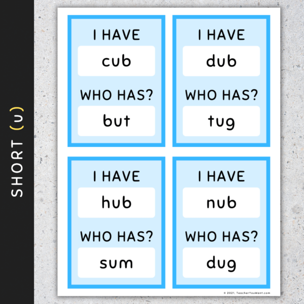 CVC Words Flash Cards: I Have Who Has, Short Vowels (A E I O U), [SET 2 ...
