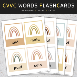 CVVC Words Flash Cards: Long Vowels (A E O U), Boho Rainbow, [SET 3]