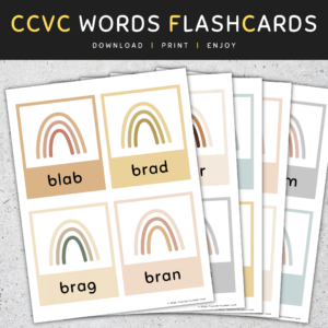 CCVC Words Flash Cards: Short Vowels (A E I O U), Boho Rainbow, [SET 3]