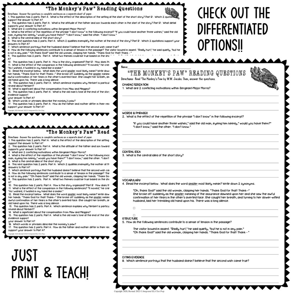 The Monkey's Paw Quiz Comprehension Questions Test Prep Pack Short ...