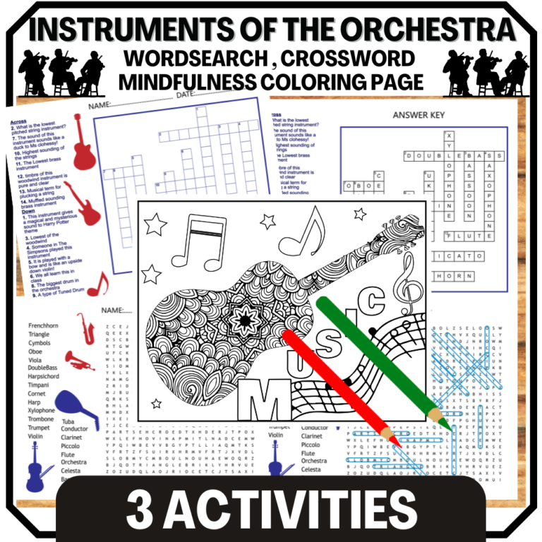 Instruments of the Orchestra Word Search , Crossword and Coloring Page