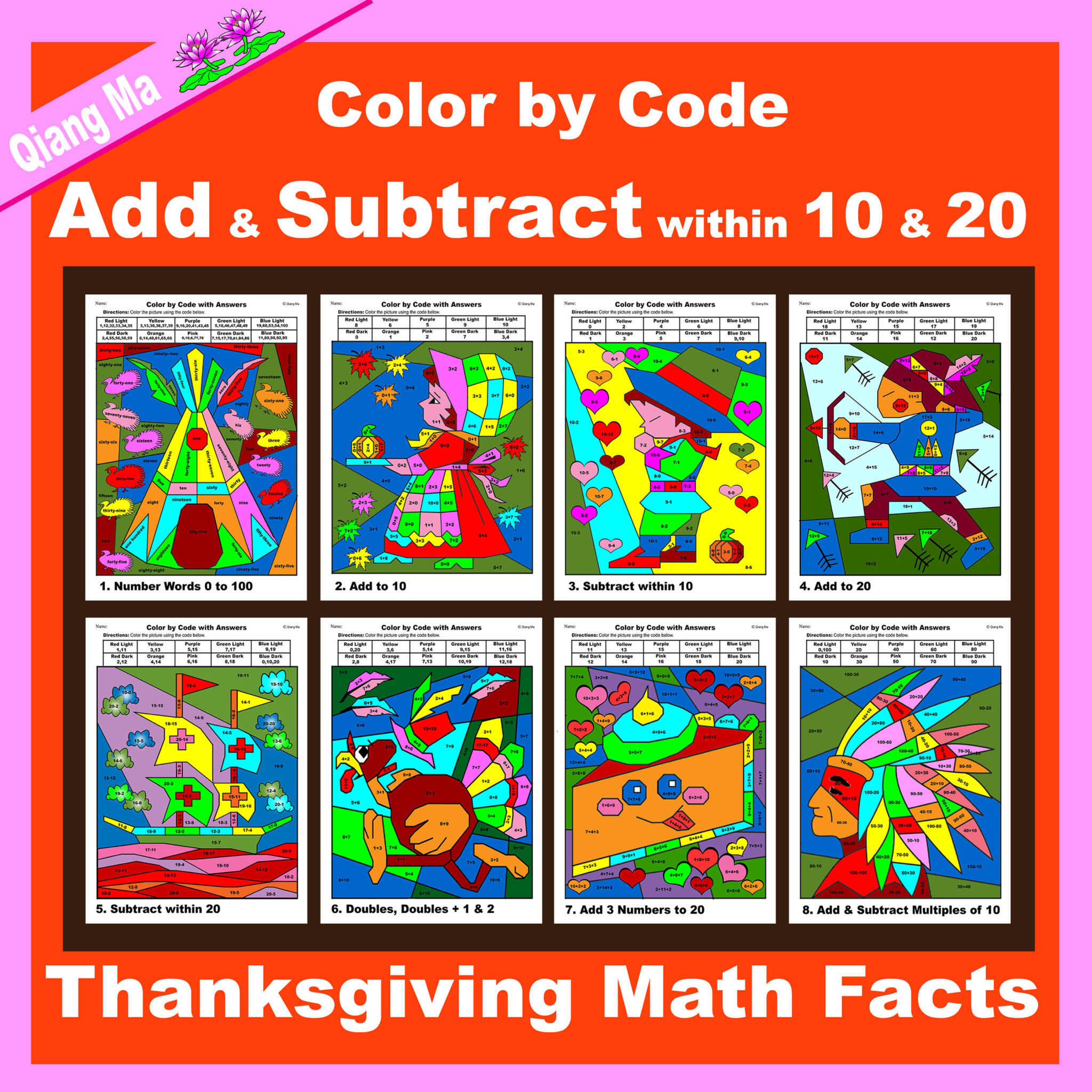 Thanksgiving Color By Code Add And Subtract Within 10 And 20 Made By