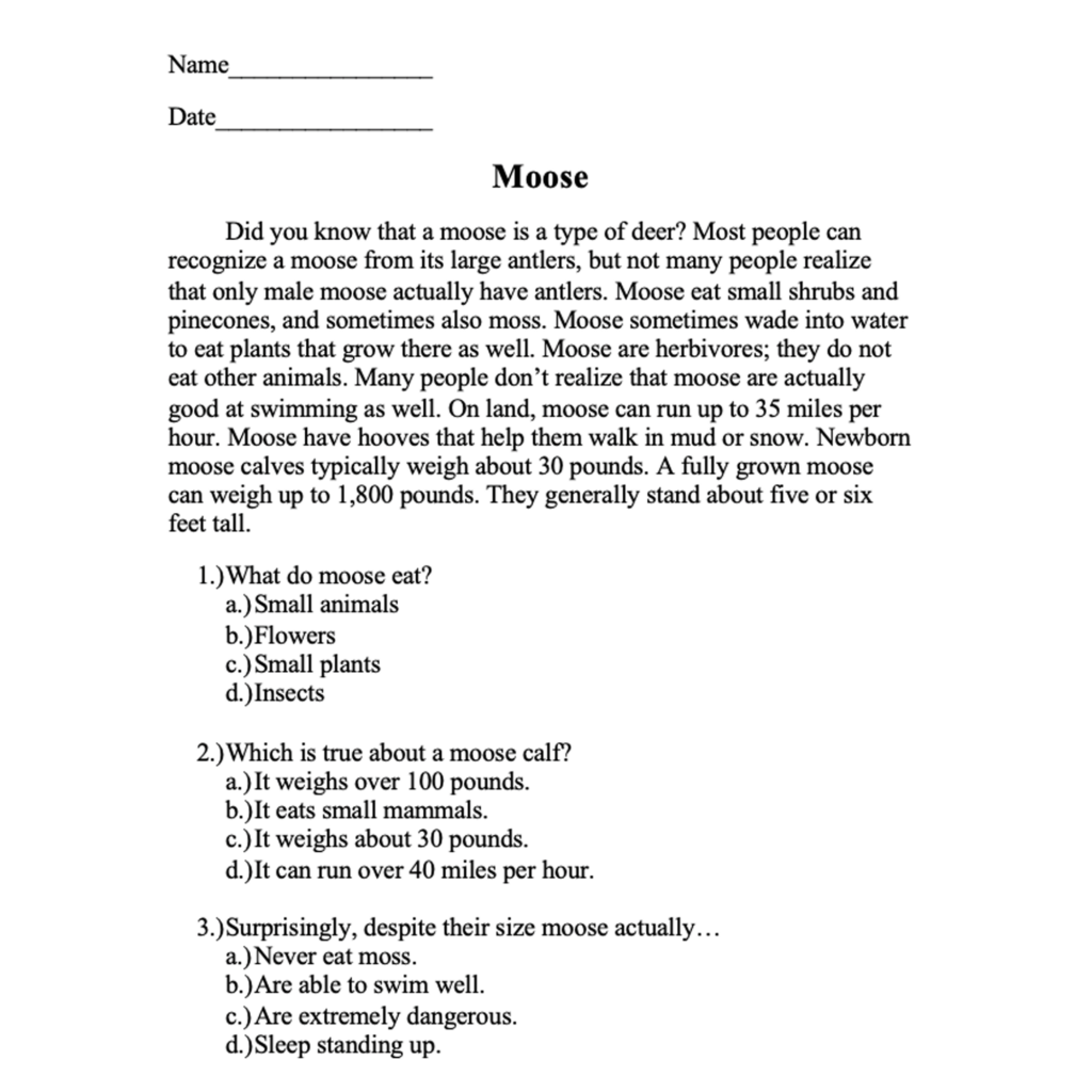Reading Comprehension Passages Short Stories Paragraphs Question