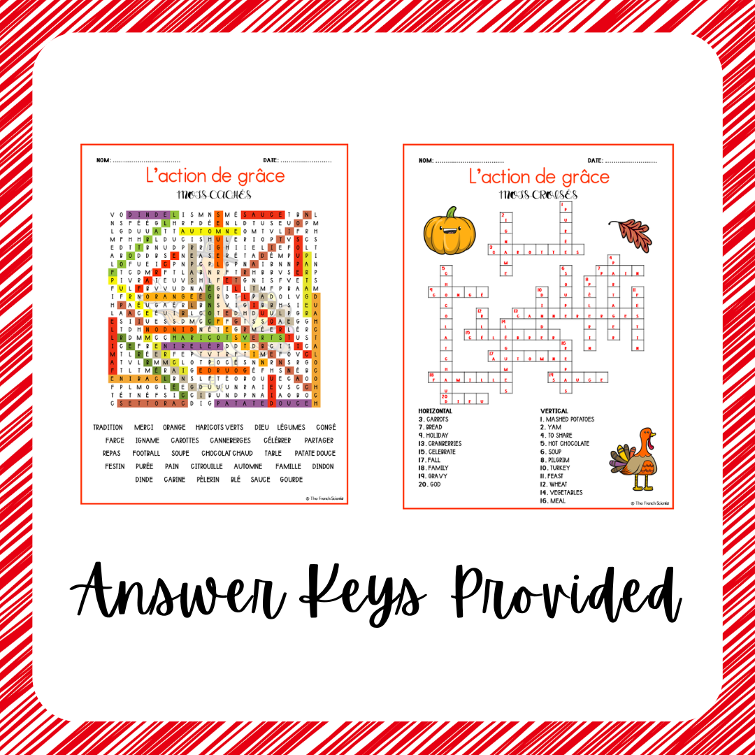 FRENCH L’action de grâce / Thanksgiving Word Search &Crossword