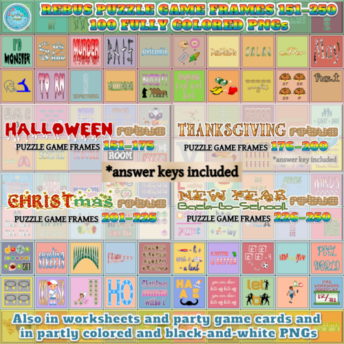 Fully Colored Rebus Puzzle Game Frames 151–250 PNGs | Made By Teachers