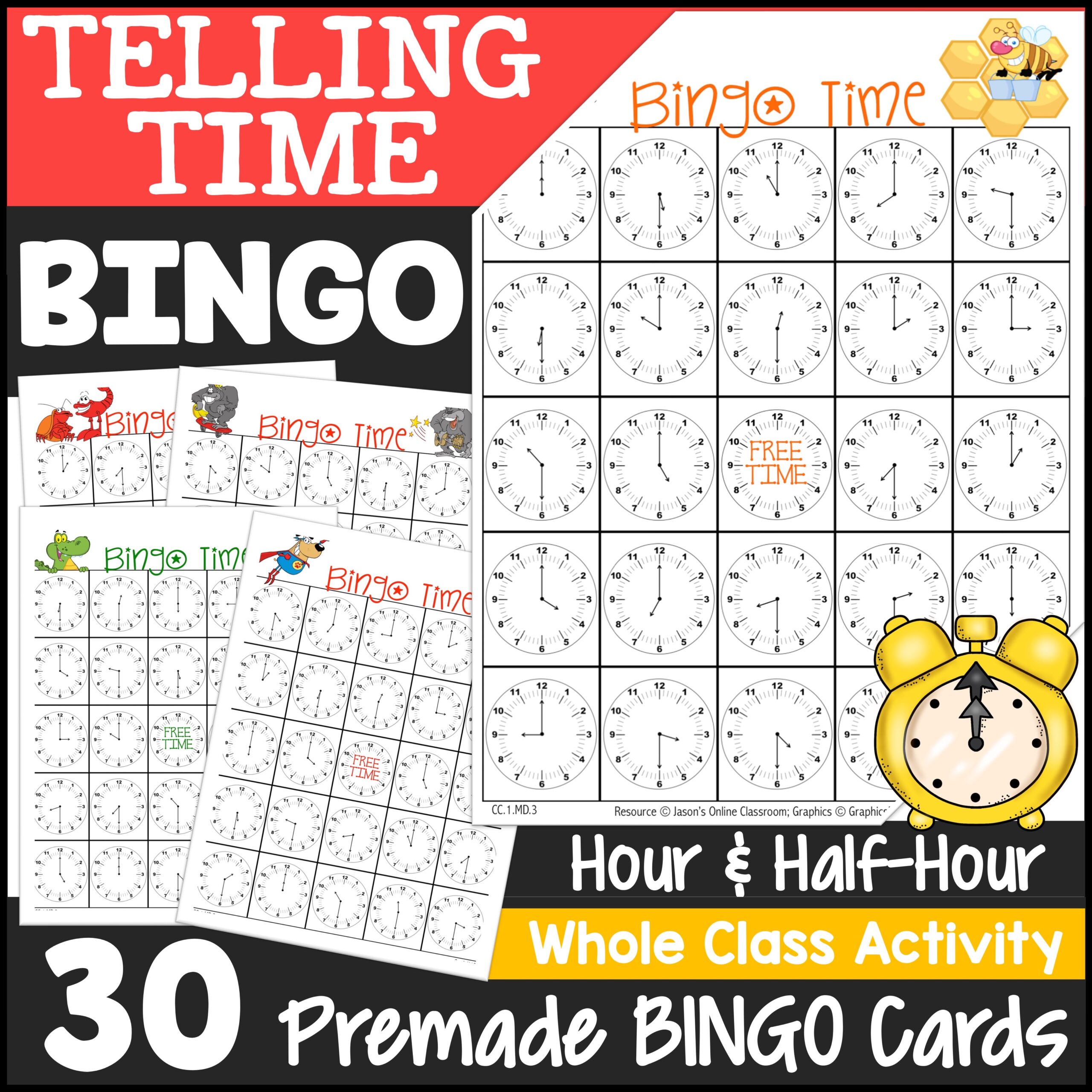 Telling Time Bingo Game Hour & Half Hour printable