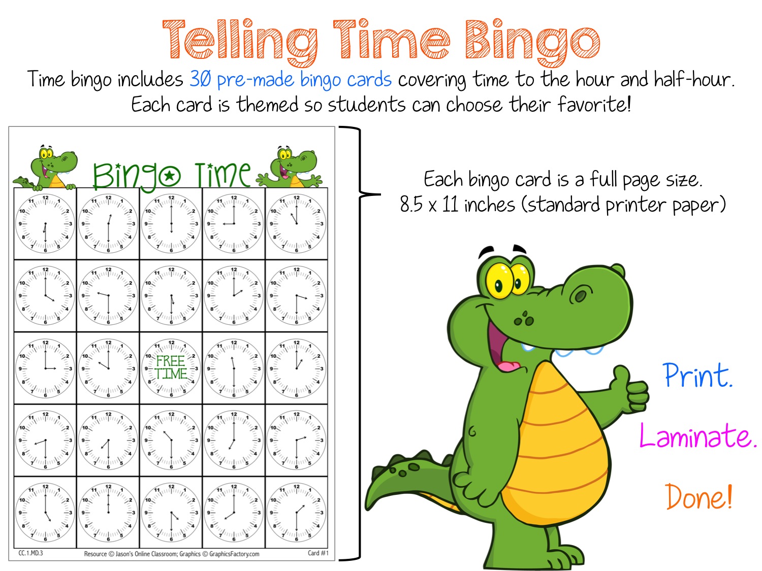 Telling Time Bingo Game (Hour & Half Hour) Made By Teachers