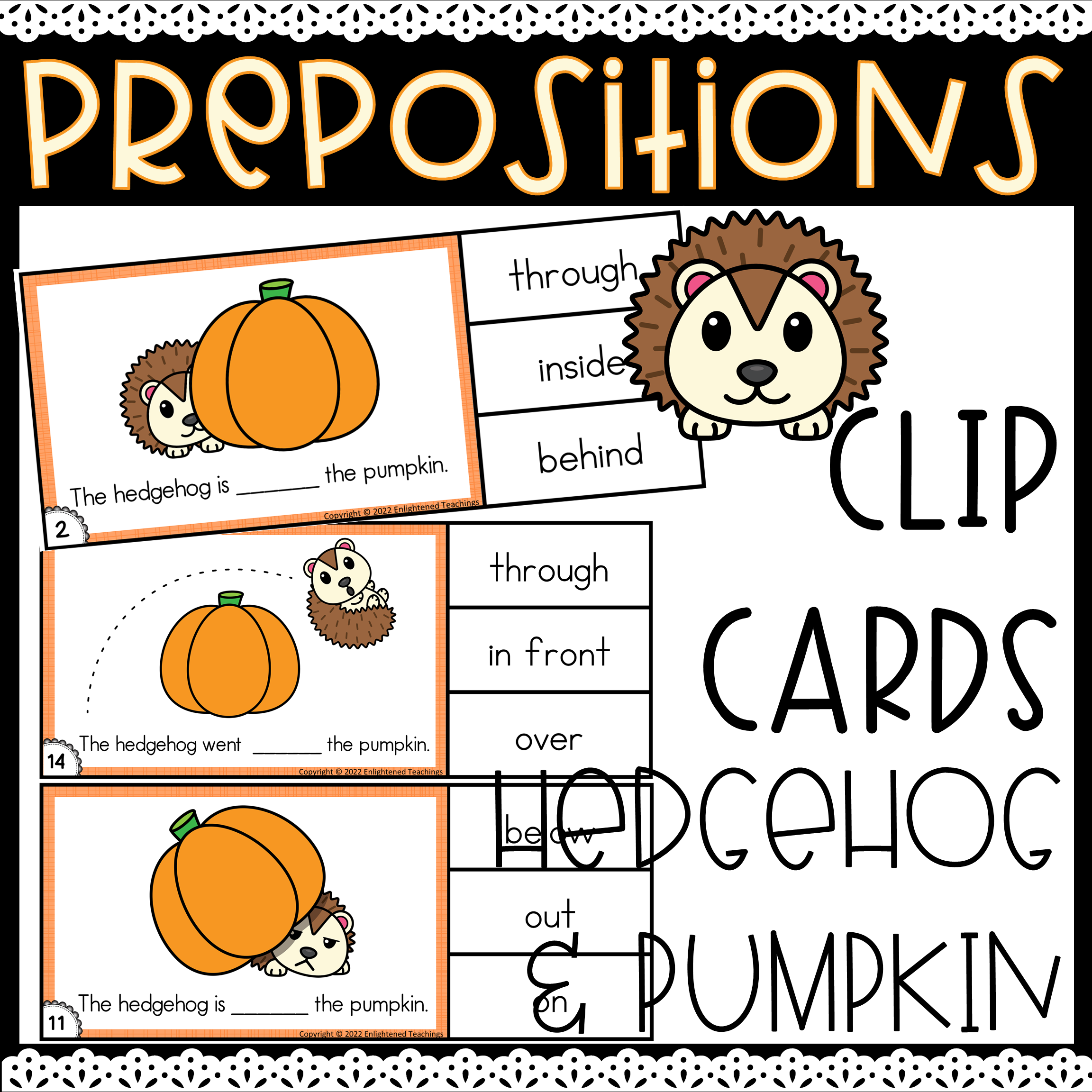 Fall Preposition Clip Cards Task Cards Positional Words Hedgehog Pumpkim