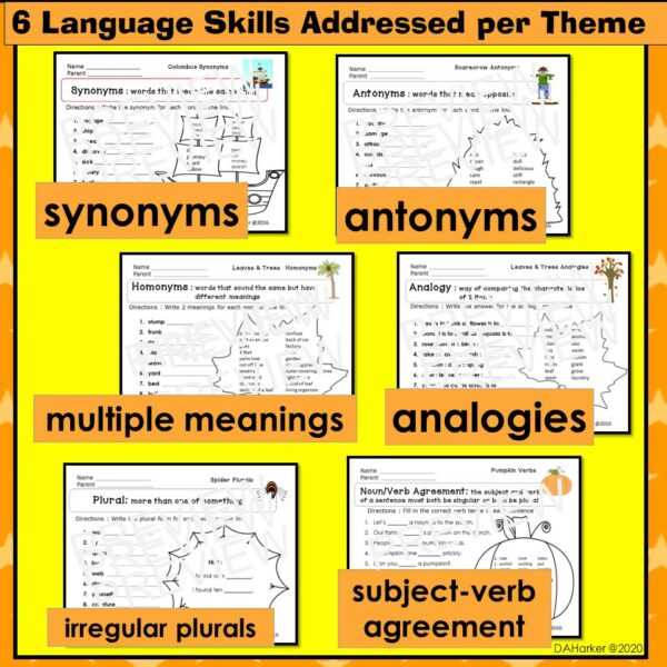 October Speech Therapy Upper Elementary Themed Language Worksheets ...