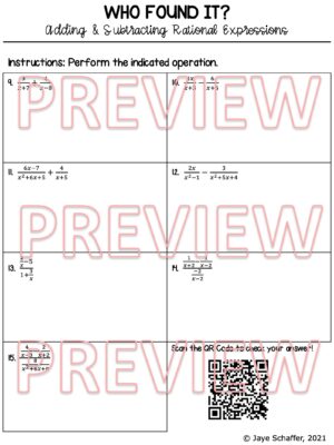 Adding and Subtracting Rational Expressions Clue Mystery Activity ...