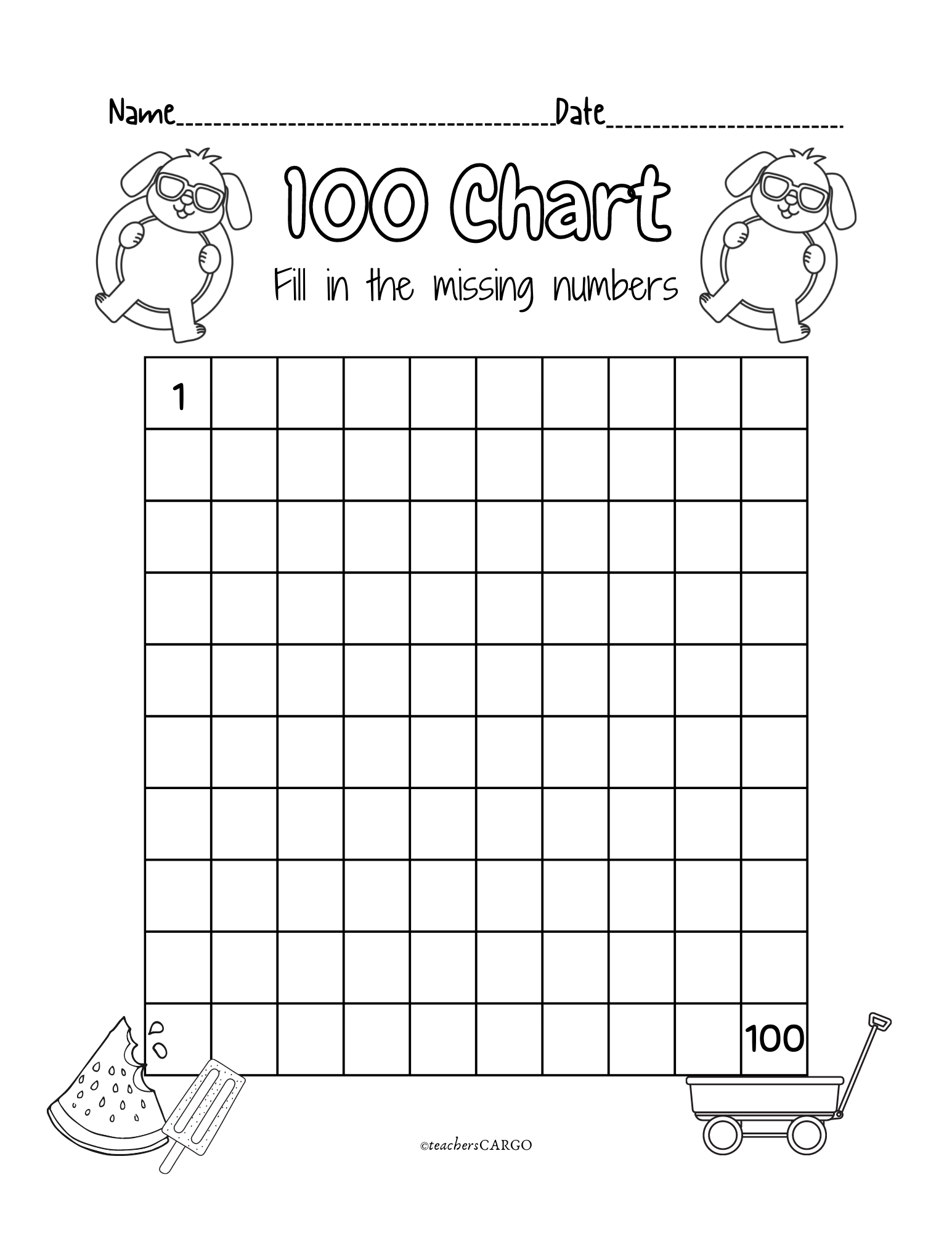 100 Chart Missing Number Fill In The Missing Numbers Worksheet Made
