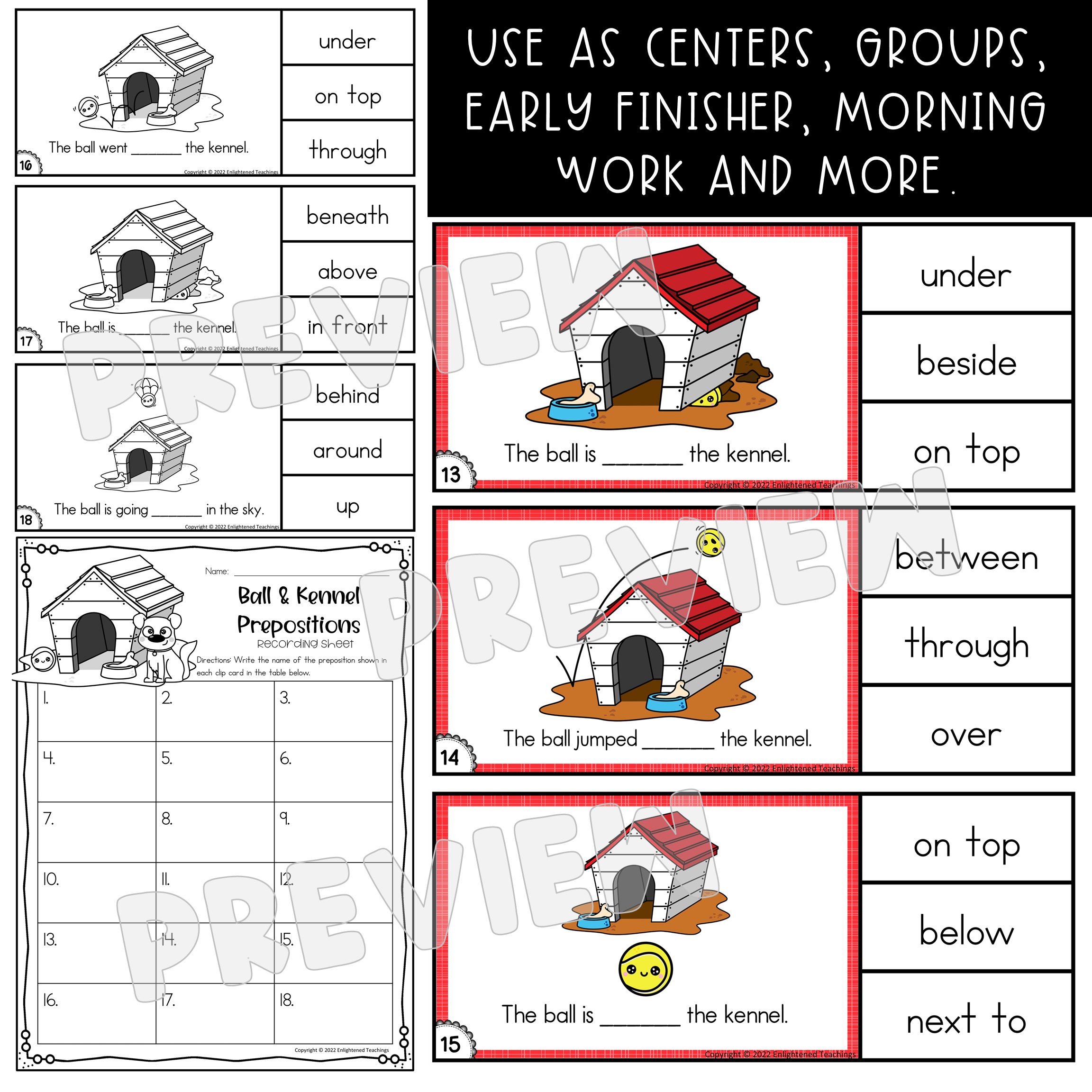 Pet Preposition Clip Cards Task Cards Positional Words Kennel and Ball