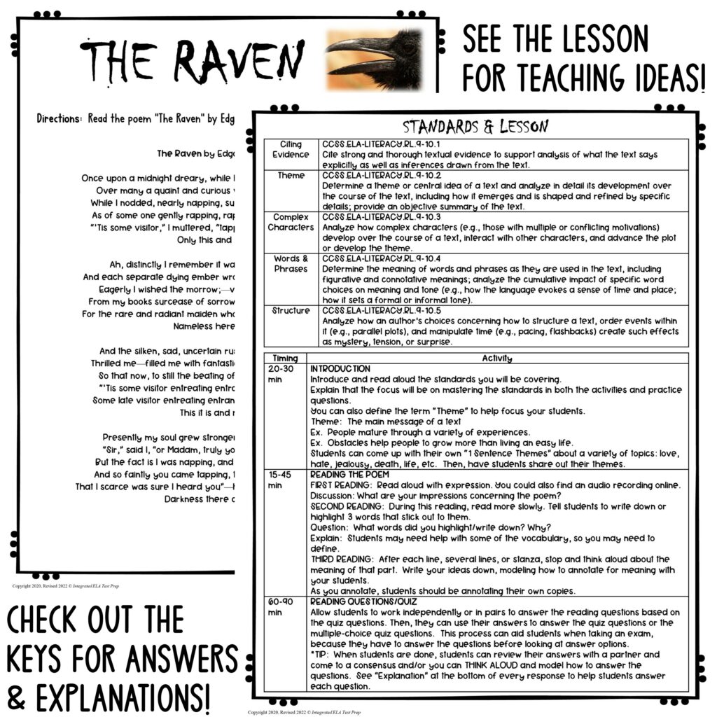 The Raven Quiz Poetry Comprehension Reading Edgar Allan Poe - Made By ...