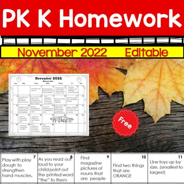 November Homework Sheet Homework Calendar Editable November 2022 PK K Free - Made By Teachers