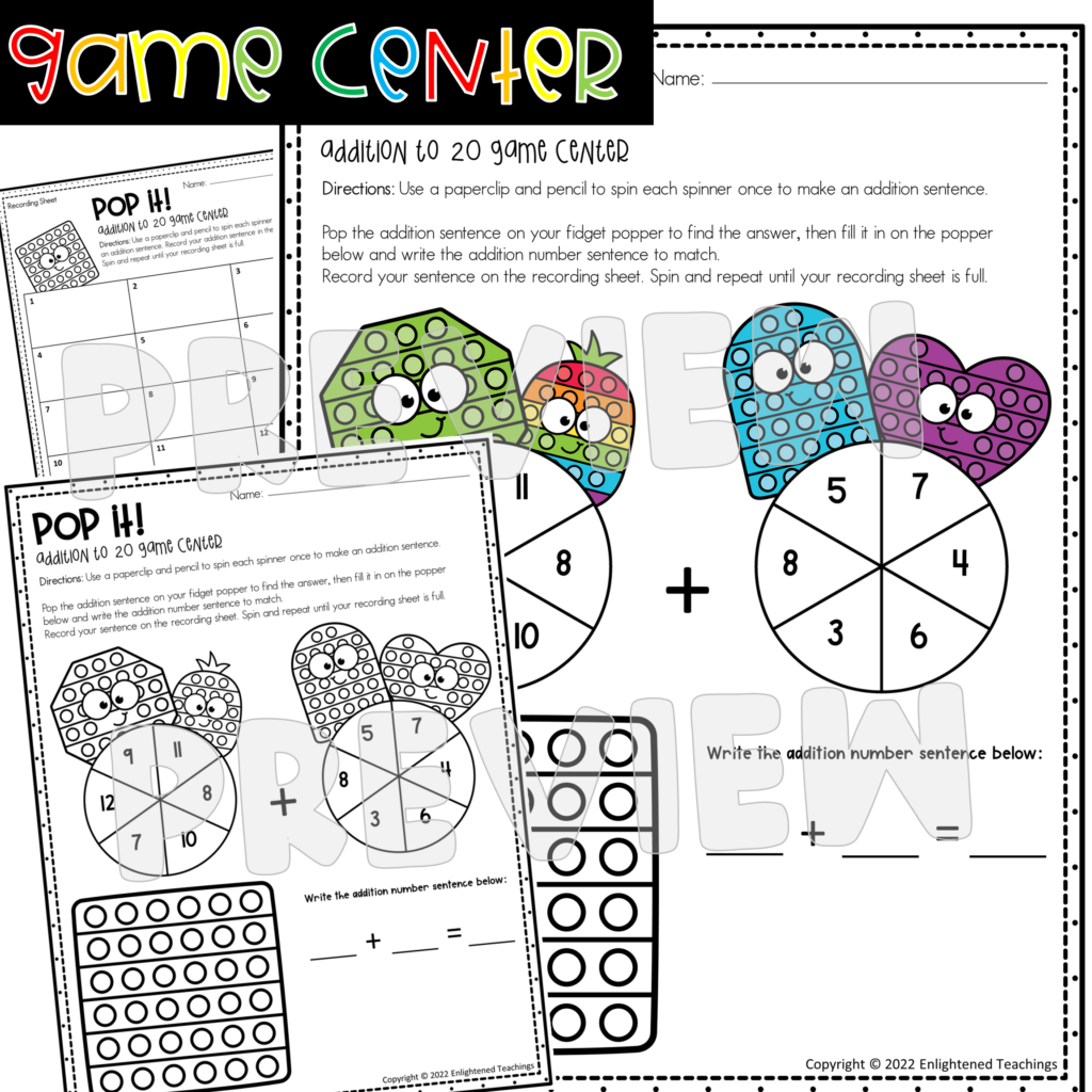 POP IT | Bubble POP Addition to 20 Task Cards & Worksheets | Math ...