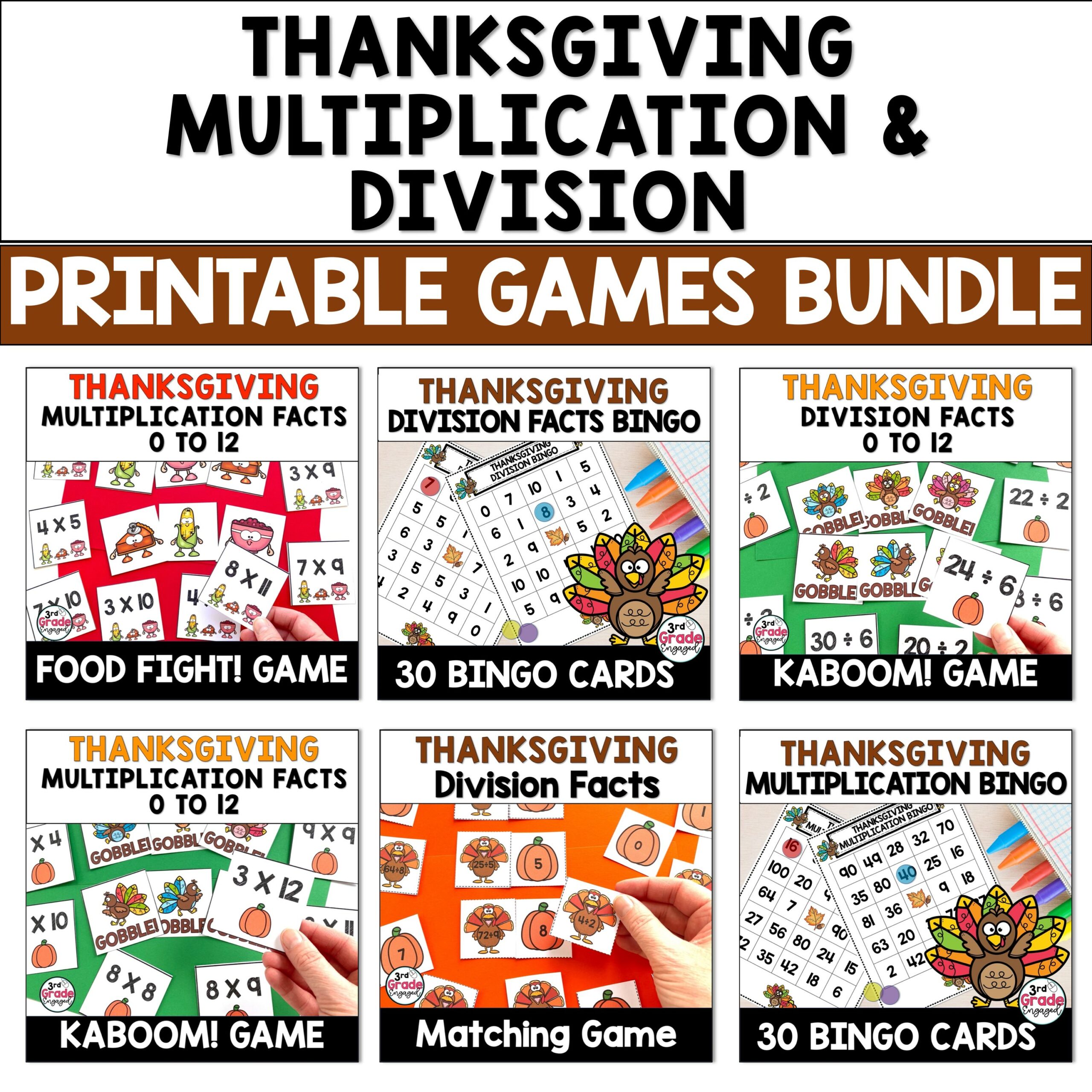 Thanksgiving Multiplication & Division Facts Printable Math Games Bundle |  Made By Teachers