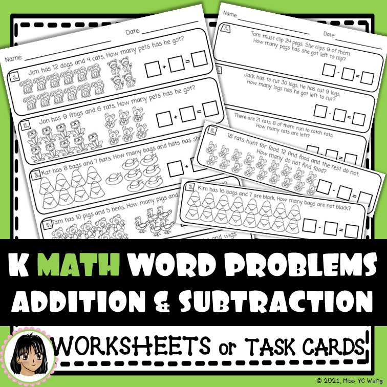 K, 1st and 2nd Grade One Step Addition and Subtraction Word Problems
