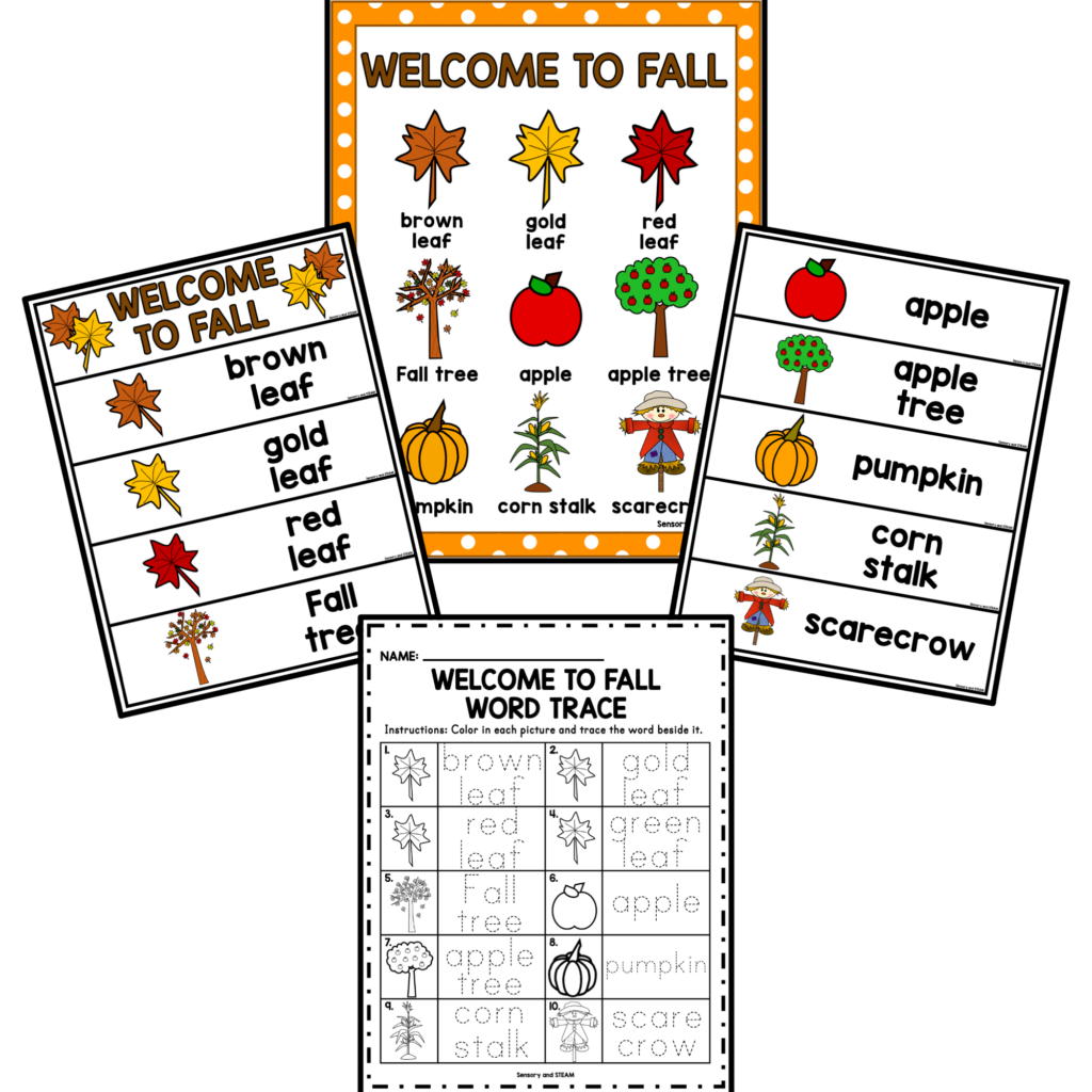 FALL SEASON THEME VOCAB PAGE, WORD STRIPS, AND TRACING *FREEBIE