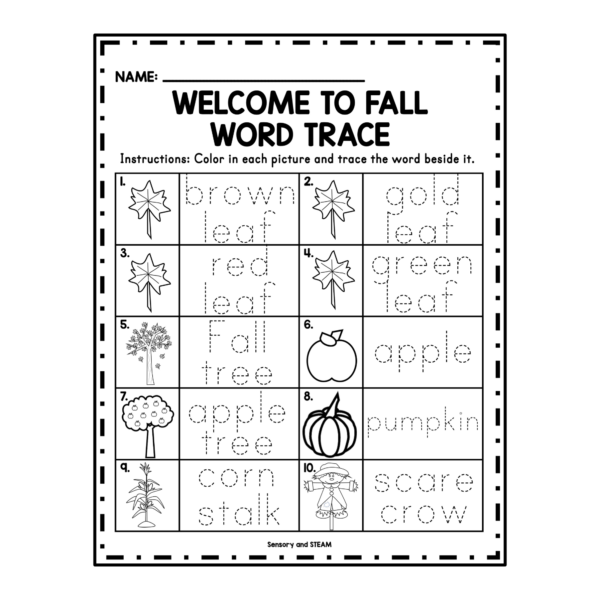 FALL SEASON THEME VOCAB PAGE, WORD STRIPS, AND TRACING *FREEBIE