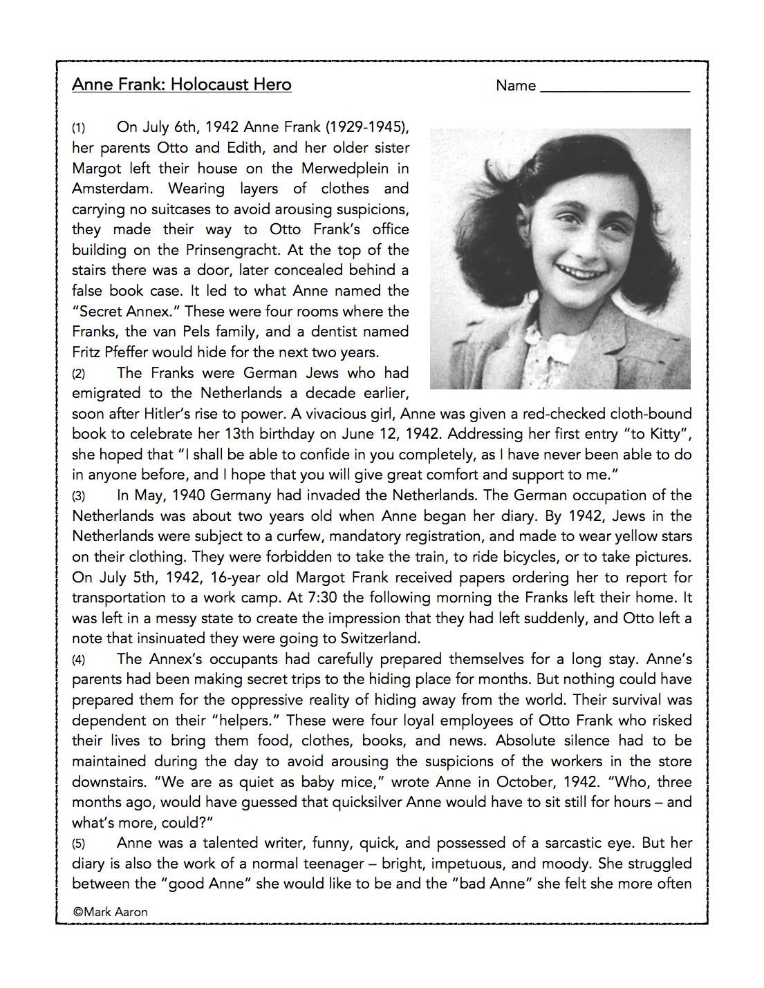 Anne Frank Comprehension Questions