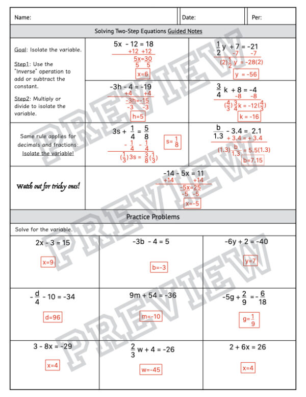 Solving Two-Step Equations Mini-Lesson Guided Notes and Practice - Made ...