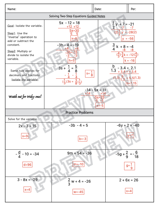 Solving Two Step Equations Mini Lesson Guided Notes And Practice Made