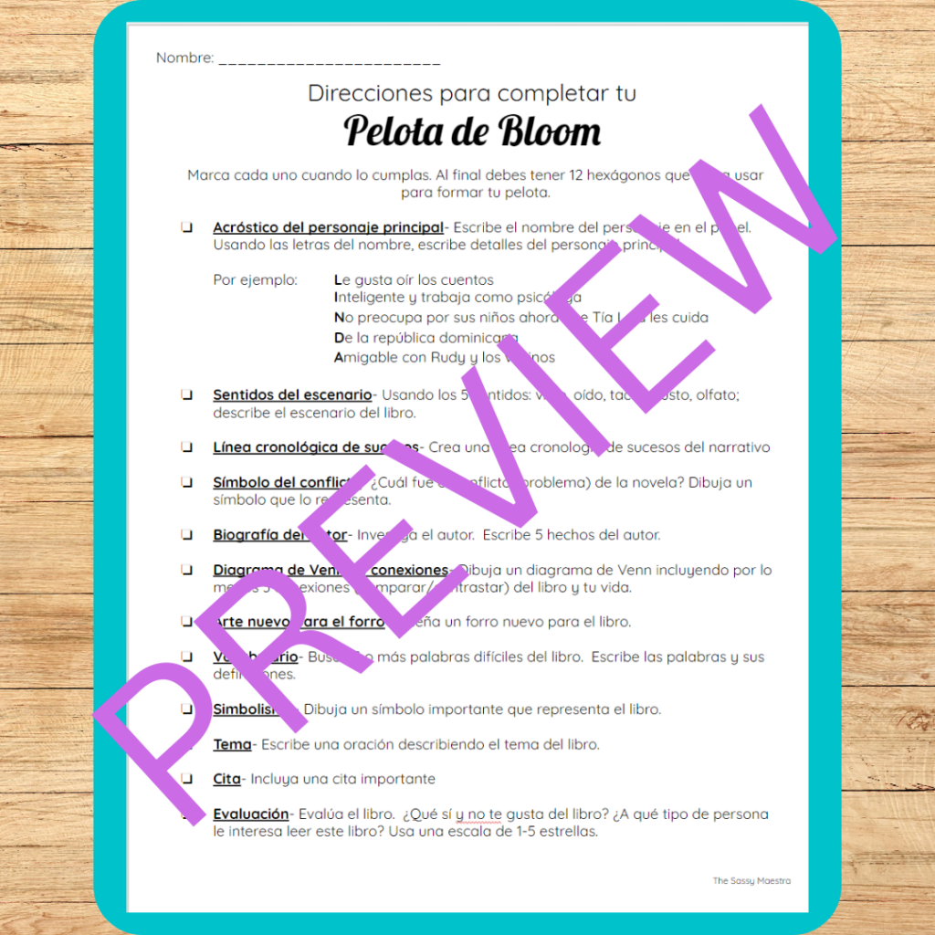 Bloom Ball Book Report in Spanish Pelota de Bloom Informe del Libro