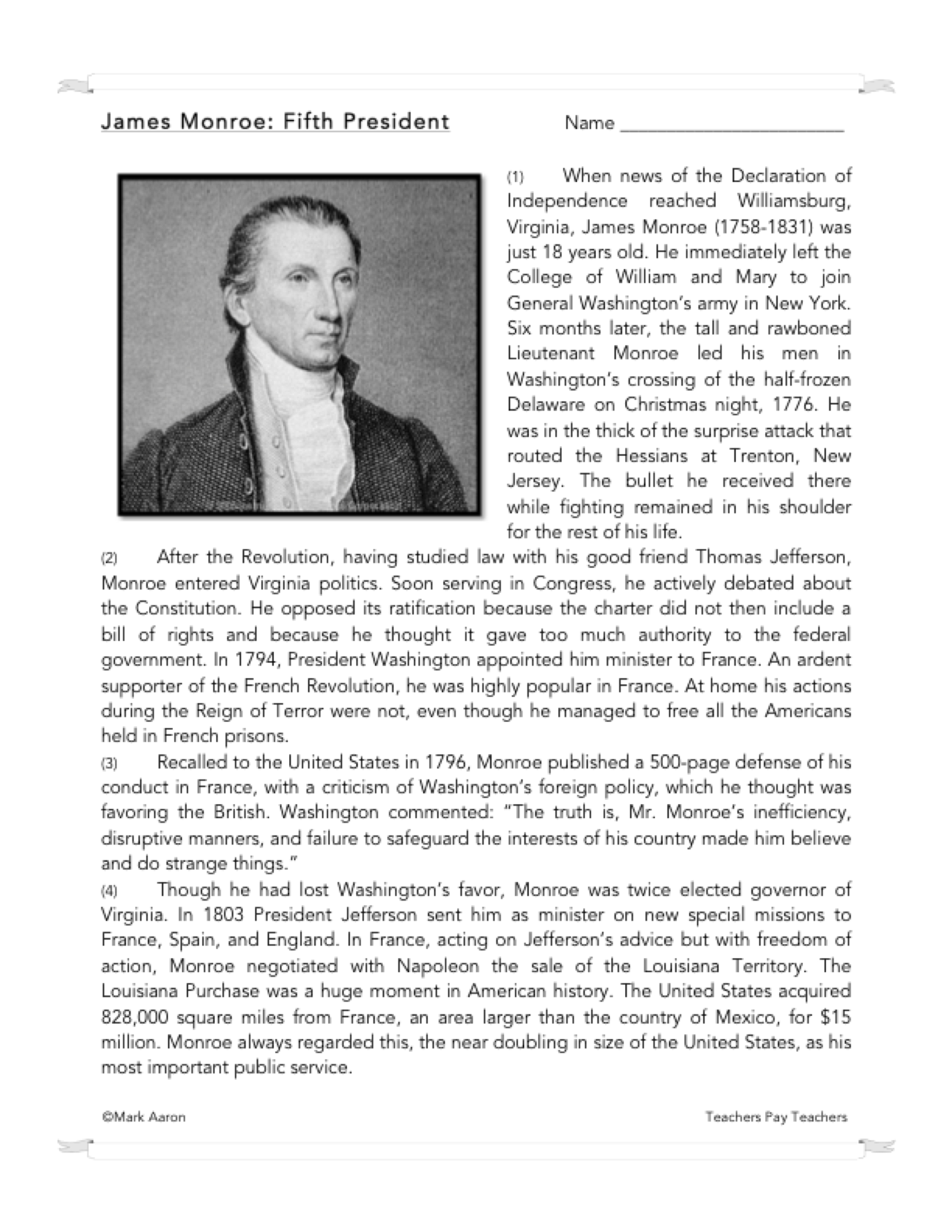 James Monroe U.S. President Biography and Assessment Made By Teachers