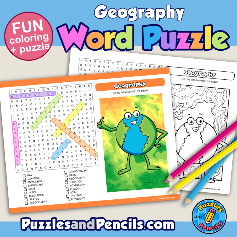 Geography Word Search Puzzle Activity Page with Coloring | Made By Teachers