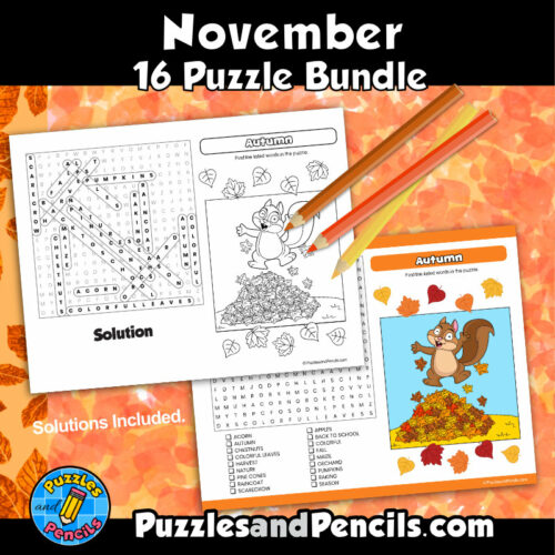 November Activity Word Search Puzzle BUNDLE | 16 November Puzzles | Made By Teachers