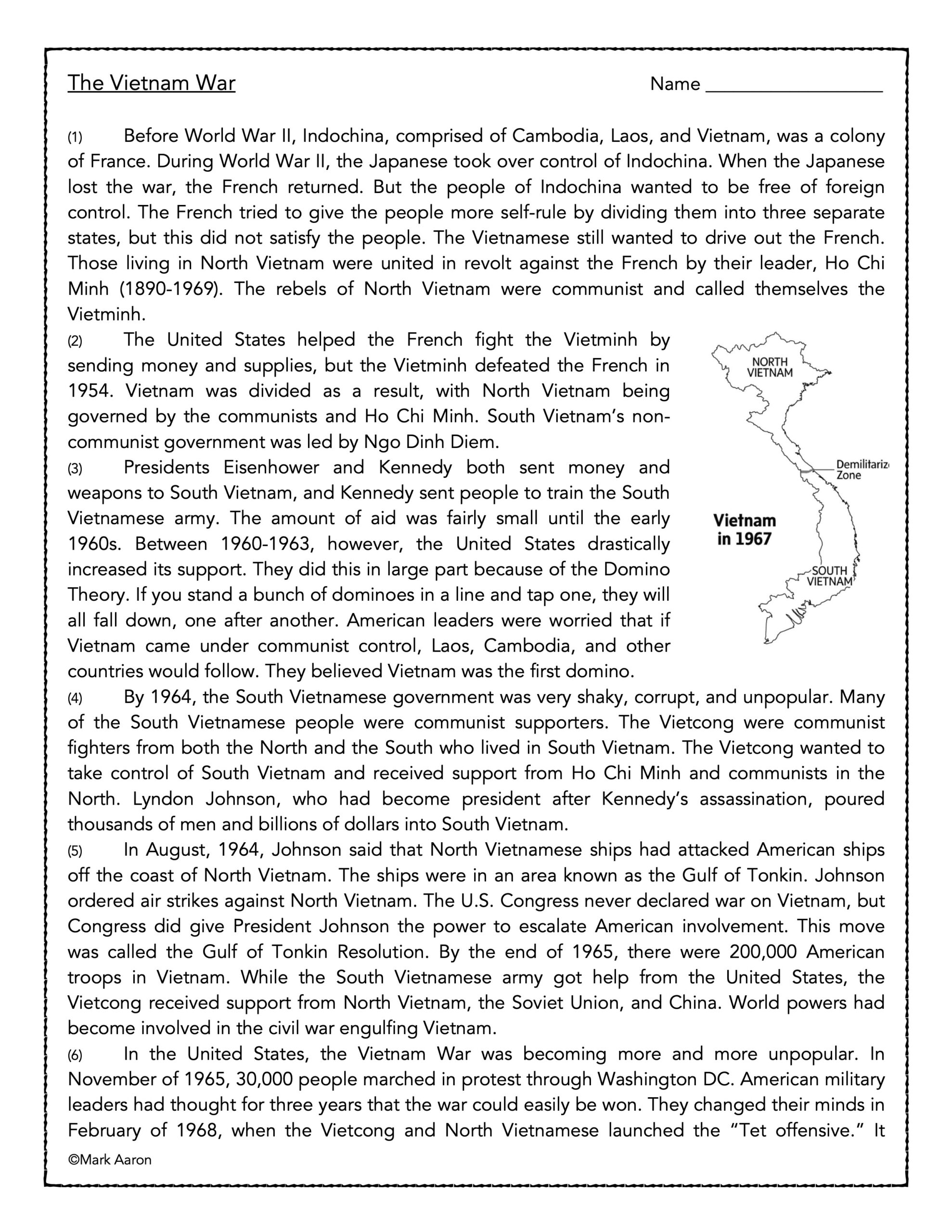 The Vietnam War Reading Comprehension Passage and Assessment Made By