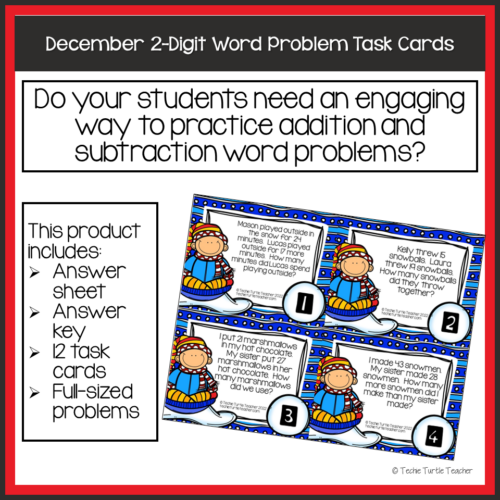 Addition & Subtraction 2-Digit Winter Word Problem Task Cards December ...