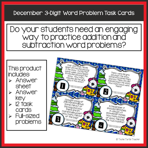 Addition & Subtraction 3-Digit Winter Word Problem Task Cards December ...