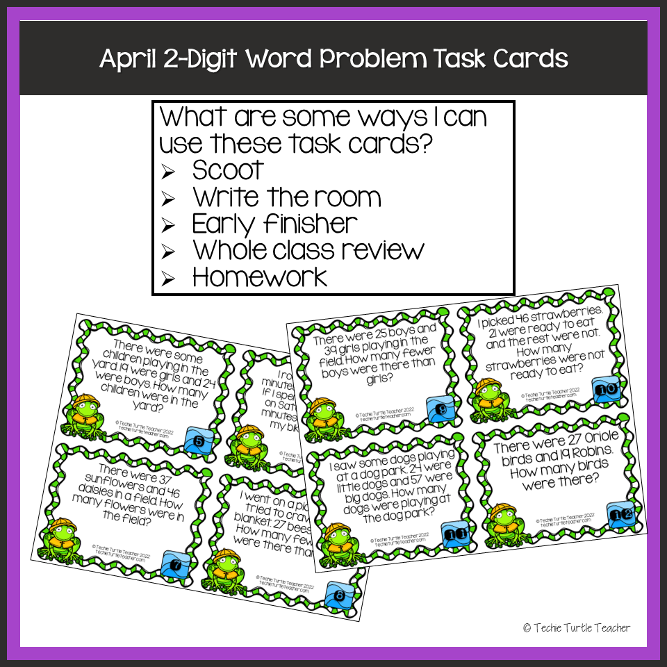Addition subtraction 2 digit spring word problem task cards april