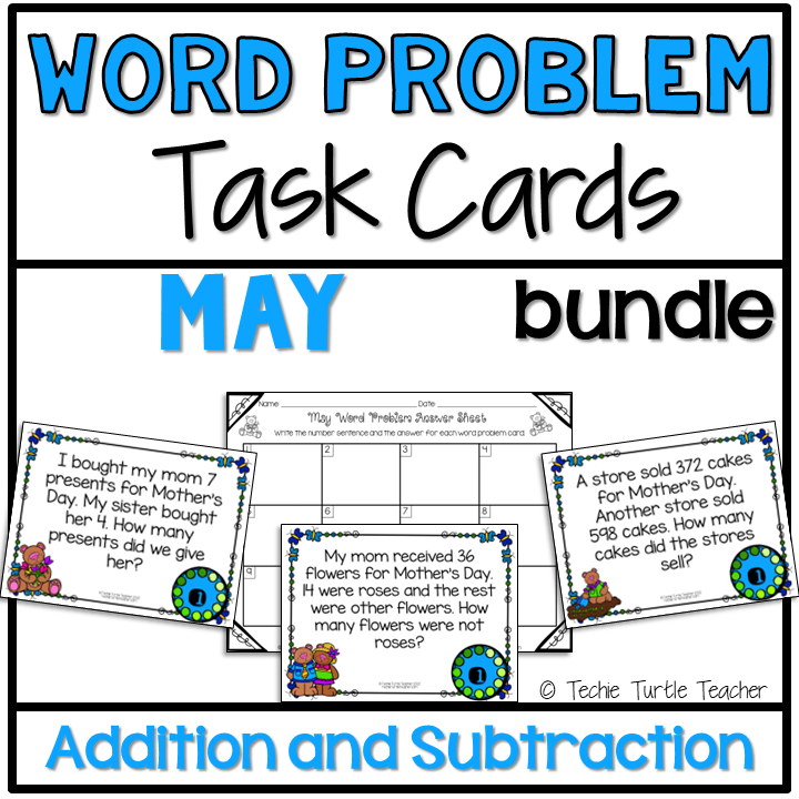 Addition & Subtraction Bundle of Spring Word Problem Task Cards for May ...