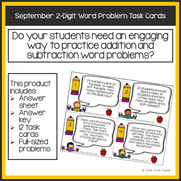 Addition & Subtraction 2-Digit Fall Word Problem Task Cards September ...