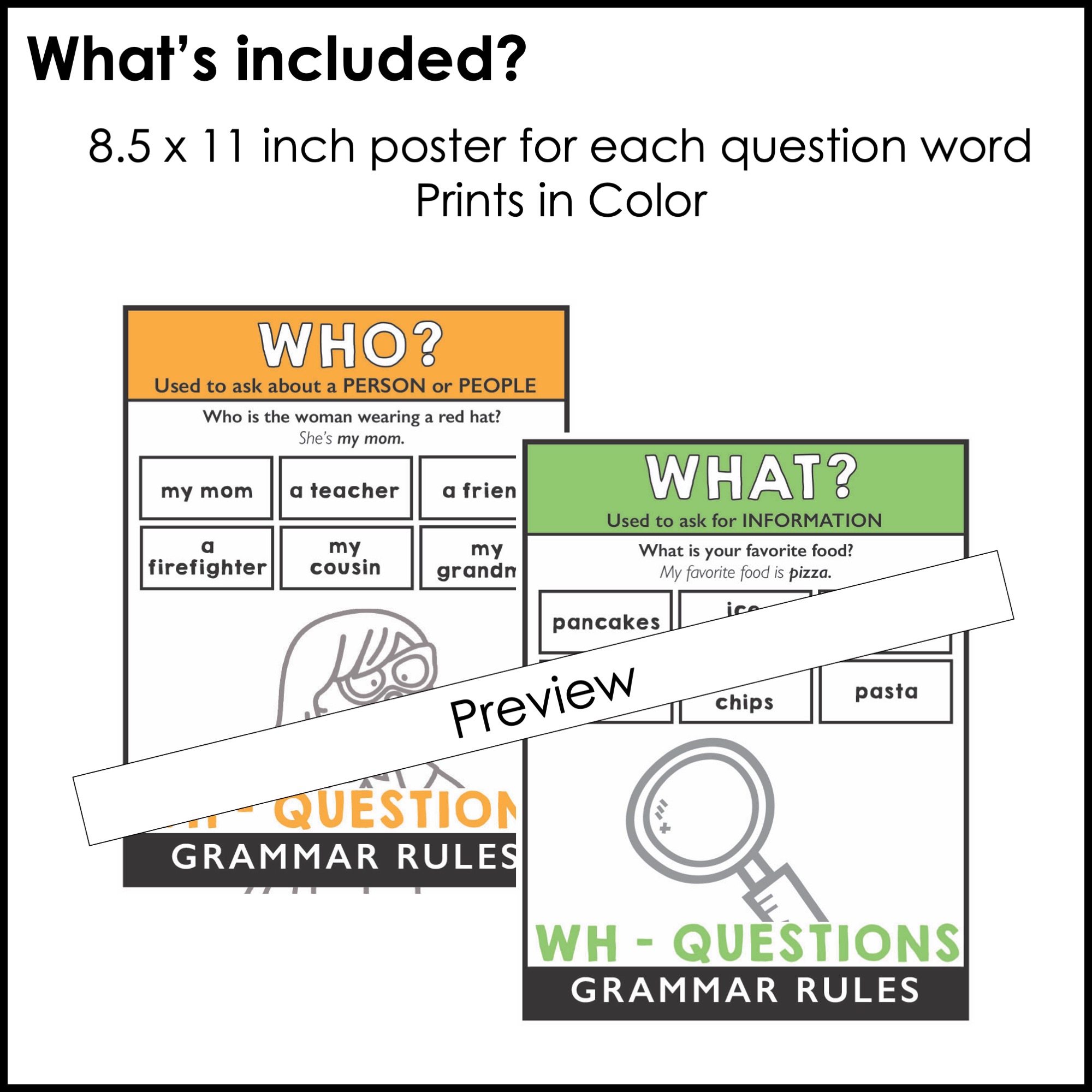 ESL Grammar Posters: Wh-Questions (What, When, Where, Why, Who, How ...