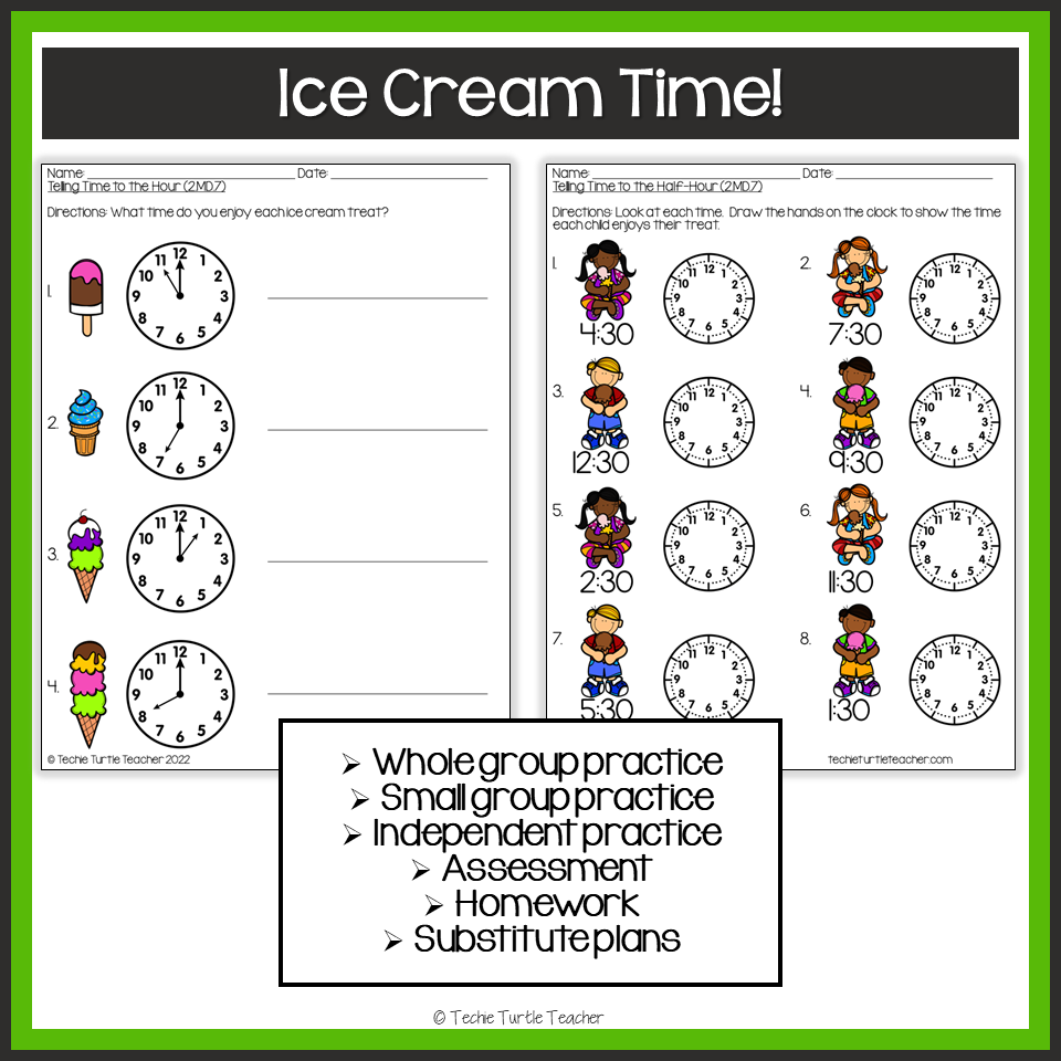 Telling time to quarter hour half hour hour 5 minutes am pm ice