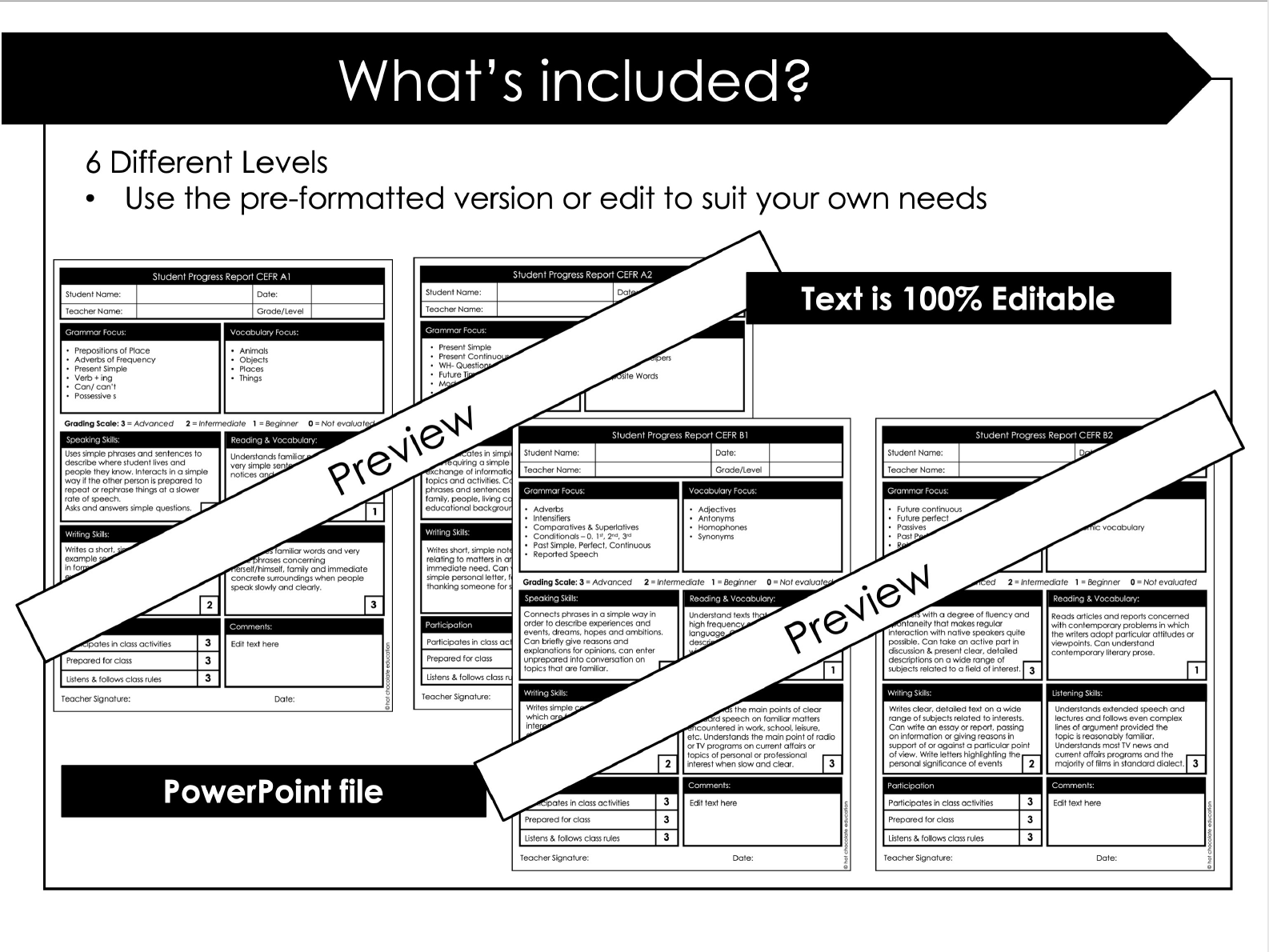 Editable ESL / EFL / ELL Progress Reports CEFR Alignment A1C2 Report