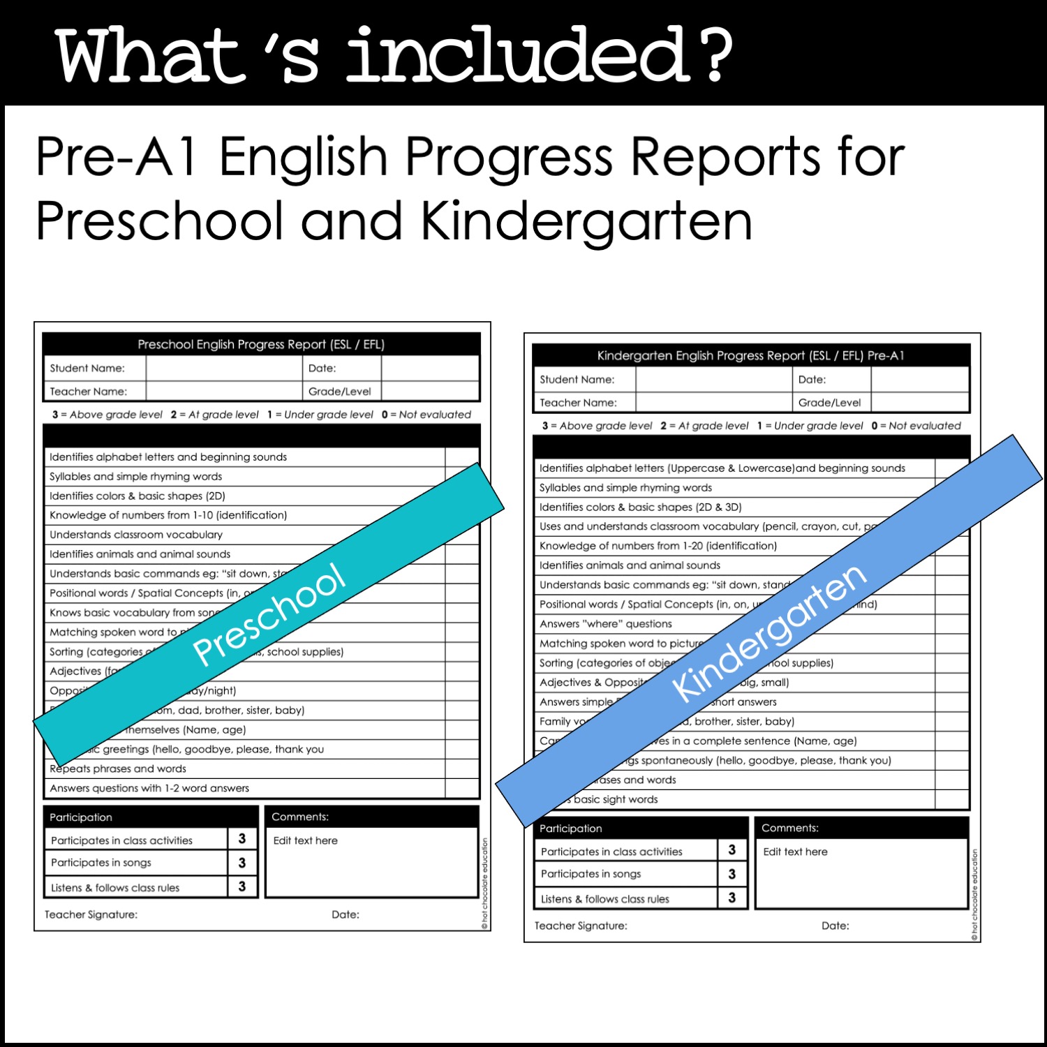 Preschool & Kindergarten ESL /EFL Progress Reports for Young Learners