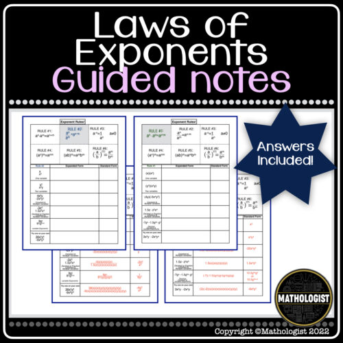 Exponent rules laws of exponents guided notes made by teachers